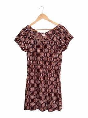 Asha Brown Geometric Tree Short Sleeve Cotton Dress Large